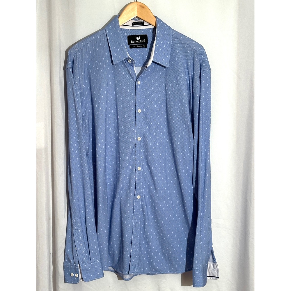 Buttercloth Icy Cotton Mens 2XL Regular Fit Blue Stripe Print Button Down‎ Shirt